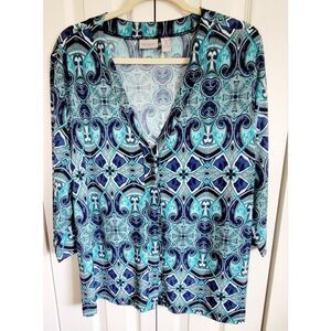 Chico's 3 Easy Wear Women's Turquoise Blue Geo Sweater Jacket 1 Button Slinky XL